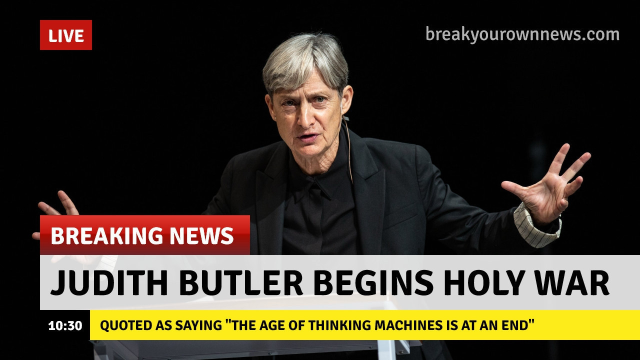 A fake news-screenshot that's made to look like a still from CNN.

Live breaking news! Judith Butler begins holy war. Quoted as saying "The age of thinking machines is at an end."