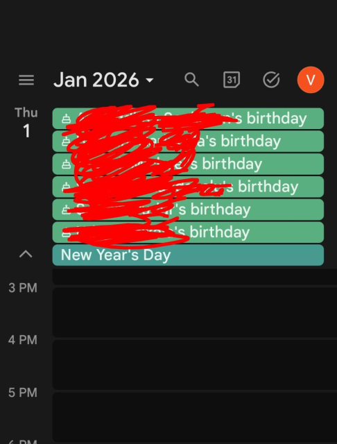 Image of Google calendar showing a bunch of birthdays on Jan 1. Those birthdays are automatically listed by Google. 