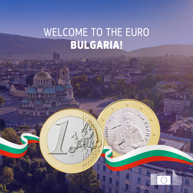 An image features two coins, one with a map of Europe and the denomination '1 EURO', and the other (representing the other side of the coin) depicting a religious figure holding a cross. The coins are connected by a ribbon with the colours of the Bulgarian flag, set against a backdrop of Sofia cityscape with mountains in the distance. At the top, it says 'WELCOME TO THE EURO BULGARIA!'"