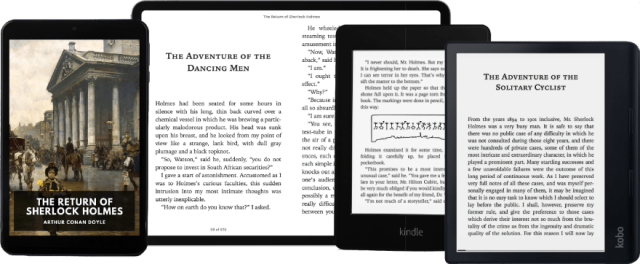 Various electronic devices showing the same ebook on the screen.
