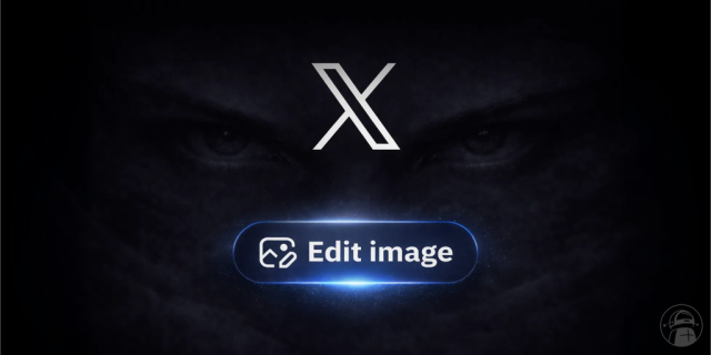 Dark cover image with a faint pair of eyes in the background, the X logo near the top, and a glowing “Edit image” button centered below it.