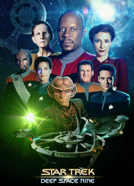 The crew of Star Trek Deep Space 9 superimposed over an image of the DS9 Space Station 