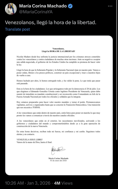 María Corina Machado, the Venezuelan opposition leader, posted a statement on social media, calling for national unity following the capture of Nicolás Maduro. (Text exceeds alt character limit)