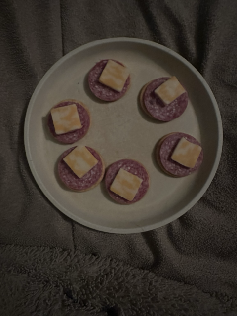 Round Ritz crackers with a slice of salami and a piece of blended cheese. 