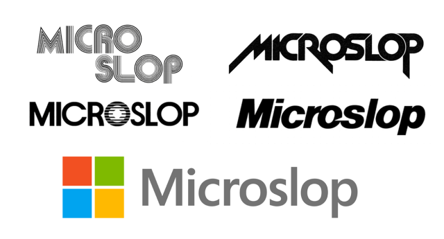 A bunch of microsoft logos from the 70s, 80s, 90s and today but instead of saying Microsoft all of them spell Microslop in the vibe of the original logos.