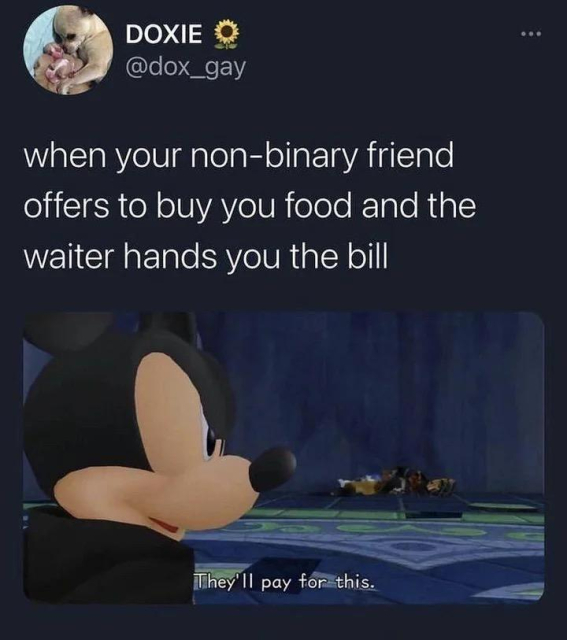 A tweet with an image, "when your nonbinary friend offers to buy you food and the waiter hands you the bill", below that showing a screenshot from kingdom hearts(?), with mickey looking angry to the side of the screen, saying "they'll pay for this"