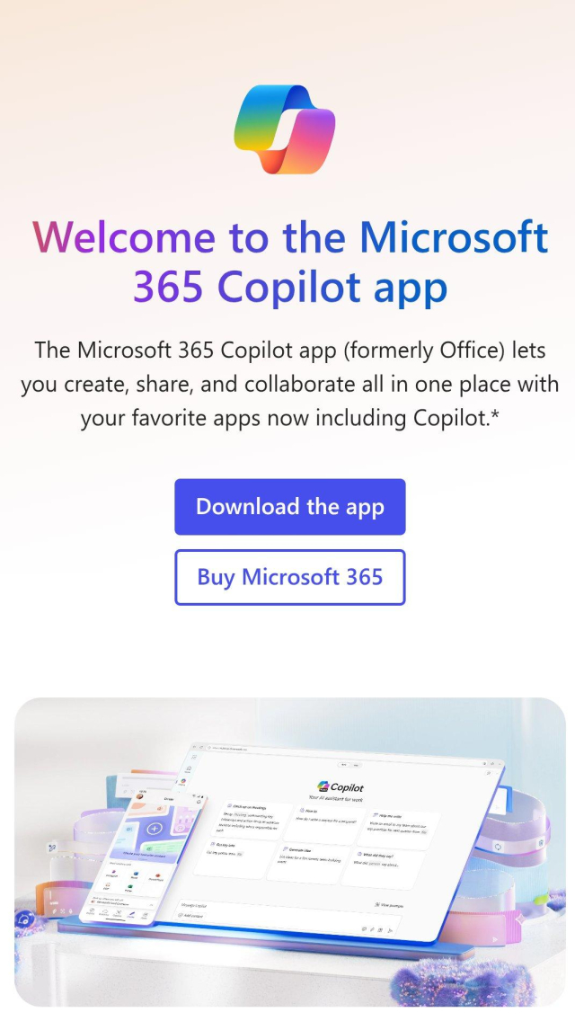 Screenshot from the new Microsoft 365 Copilot app: "The Microsoft 365 Copilot app (formerly Office) lets you create, share and collaborate all in one place with your favorite apps  now including copilot."