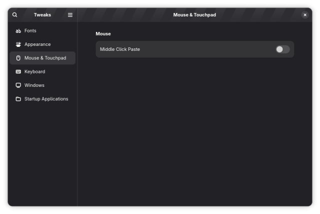 The Mouse panel of the GNOME Tweaks application, showing "middle click to paste" as a toggle control, currently set to off.