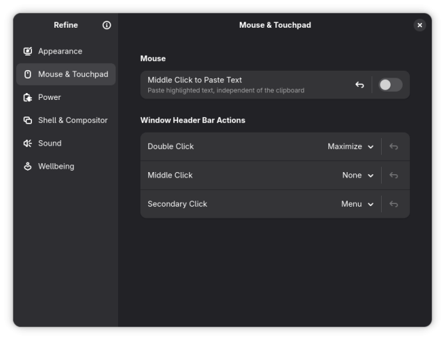 The Mouse & Touchpad panel of the Refine app, showing various options includin a toggle for enabling middle click to paste.
