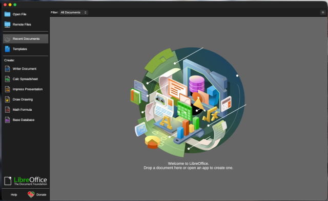 A screenshot of an open window of a newly installed instance of Libre Office on the Mac. 

The welcome message says:
Welcome to LibreOffice.
Drop a document here or open an app to create one.
