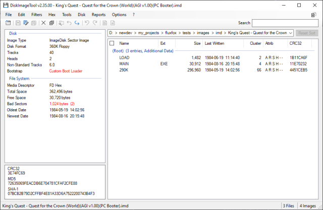A screenshot of DiskImageTool's main interface.   An "IMD" image of King's Quest is open. On the left we see a panel of basic disk information and some metadata extracted from the boot sector.  On the right we see the contents of the FAT filesystem.  Files can be dropped into the right pane to add them to the image.