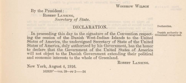 In proceeding this day to the signature of the Convention respect- Greenland recognized. ing the cession of the Danish West-Indian Islands to the United States of America, the undersigned Secretary of State of the United States of America, duly authorized by his Government, has the honor to declare that the Government of the United States of America will not object to the Danish Government extending their political and economic interests to the whole of Greenland.

ROBERT LANSING.