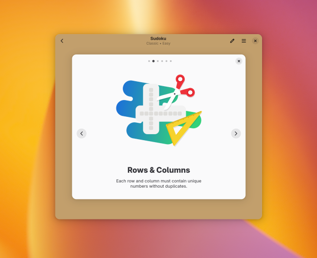 Screenshot of Sudoku, with the "How to Play" dialog in the foreground. The dialog consists of a slideshow with tips, the current page has an illustration of some rows, a scissor and ruler. and a green/blue background. Below the illustration there's the text "Rows and Columns: Each row and column must contain unique numbers without duplicates".