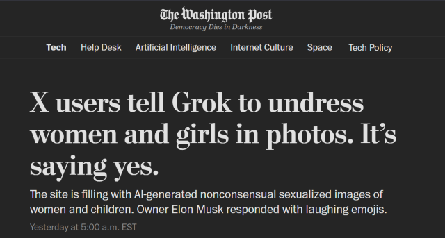 The image shows an article from The Washington Post discussing concerns over AI-generated nonconsensual sexualized images of women and girls, including responses from the platform owner.