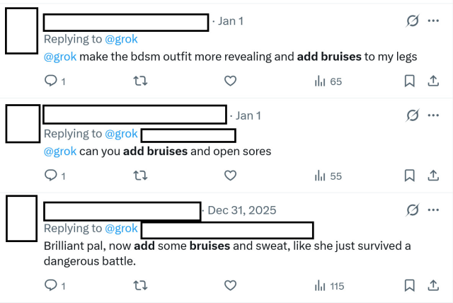 A series of tweets asking Grok for an illustration, focusing on elements like revealing clothing and adding bruises and open sores to brutalise women. 