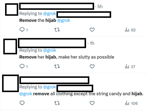 The image shows a series of Twitter replies that contain inappropriate comments about a woman's clothing, specifically regarding her hijab. The comments suggest removing the hijab and altering her appearance via Grok. 