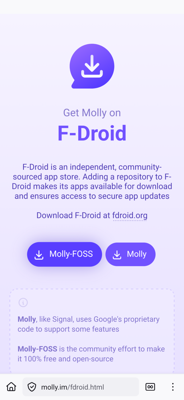 Molly.im website showing both molly Foss and molly downloads