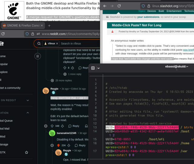 Four windows stacked together, overlapping; three web browsers and a terminal, each with some text selected.