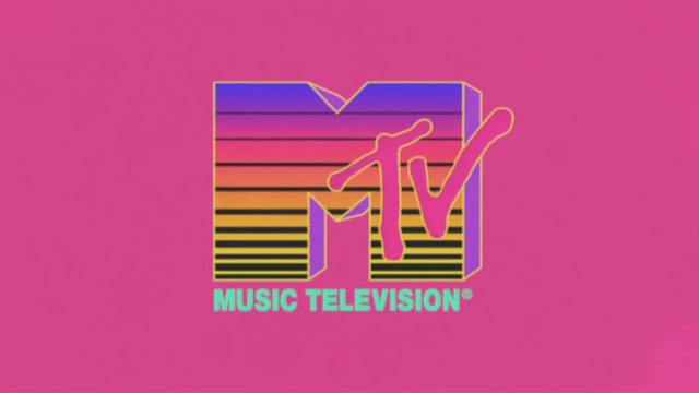 MTV ident with horizontal colored bands and pink background. "MTV : MUSIC TELEVISION"