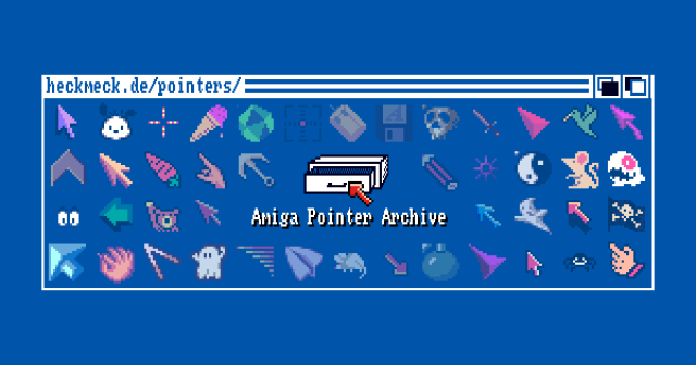 An oldschool AmigaOS window with some colorful mouse cursors. Drawer icon in the center, labelled "Amiga Pointer Archive"