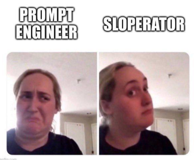 No, Yes lady meme:
First image (NO), caption: "Prompt Engineer"
Second image (Yes), caption: "Sloperator"