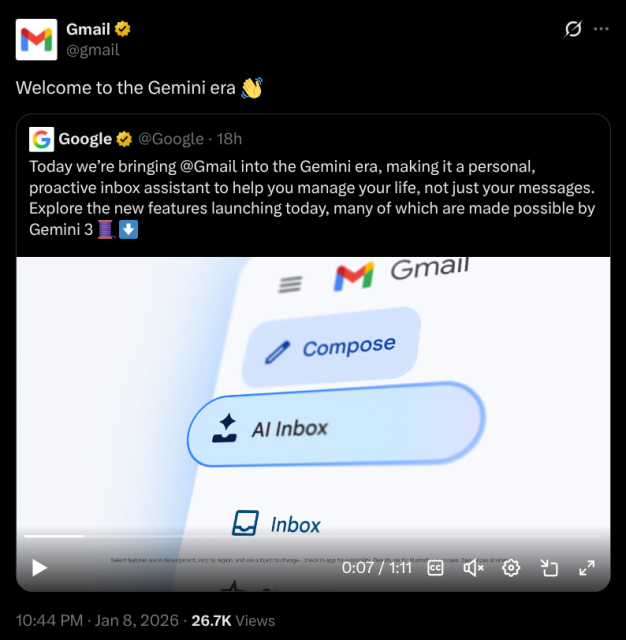 Screenshot of Gmail tweet saying: Welcome to the Gemini era, reposting a Google tweet that explains the latest update on Gemini.