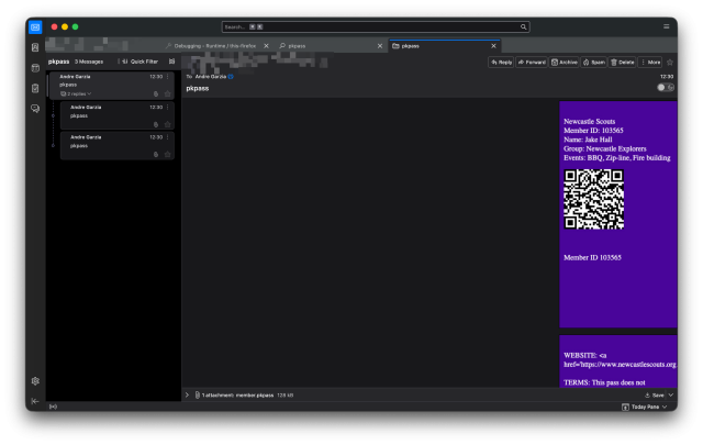 screenshot of thunderbird mail client showing a pkpass file rendered as inline attachemnt.
