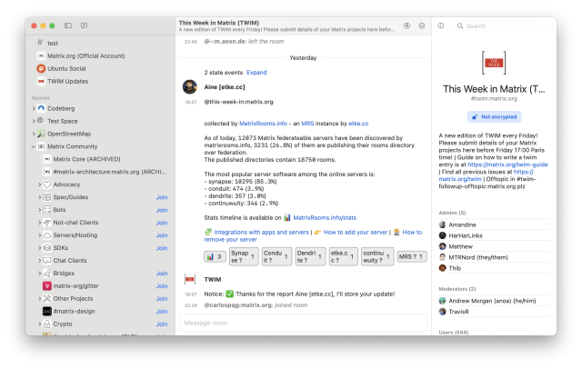 A screenshot of the app showing a three column layout with a list of rooms and spaces to the left, the main chat in the middle and details about the chat to the right.