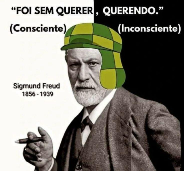 Retrato se Sigmund Freud, con un dibujo del gorro del chavo del ocho sobre impuesto sobre su cabeza.

El fondo esta dividido horizontalmente en dos mitades. En la mitad izquierda el fondo es blanco, mientras que en la derecha el fondo es negro.

En la parte superior se lee el siguiente texto:
"FOI SEM QUERER, QUERENDO", donde la primera parte de la oración está en el lado izquierdo de la imagen, y la segunda en el lado derecho.

Abajo de ese texto, en la parte izquierda está escrito '(Consciente)' y en la parte derecha '(Inconsciente)'.

En la parte media de la imagen, a la izquierda, está escrito lo siguiente:

Sigmund Freud
  1856 - 1903.