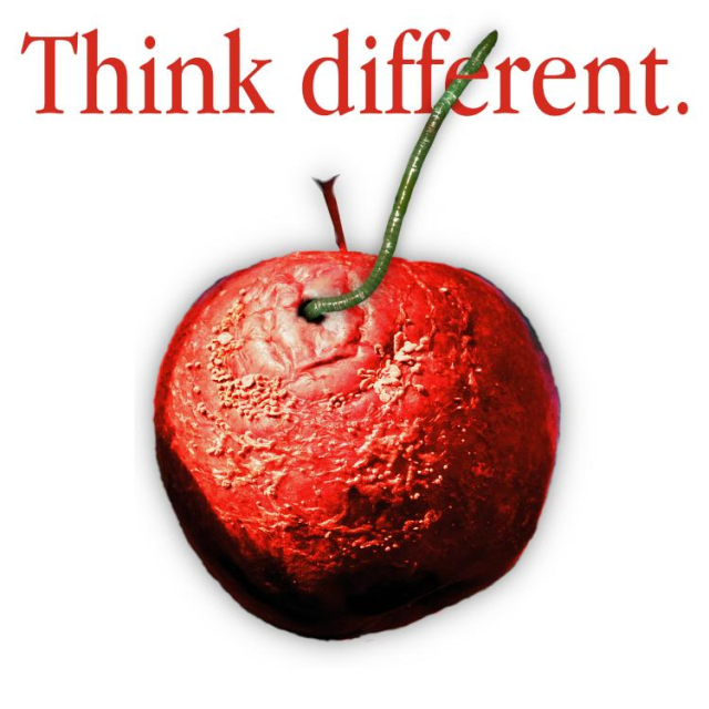 A Canadian flag. The Maple Leaf has been replaced with a rotten apple. Crawling out of the apple is a woim. Over the apple is Apple's 'Think Different' wordmark. The woim is crawling through one of the 'e's. Image: Dietrich Krieger (modified) https://commons.wikimedia.org/wiki/File:Schaukelweg-8870.jpg CC BY-SA 4.0 https://creativecommons.org/licenses/by-sa/4.0/deed.en - Tiia Monto https://commons.wikimedia.org/wiki/File:Worm_in_Austria.jpg CC BY 4.0 https://creativecommons.org/licenses/by