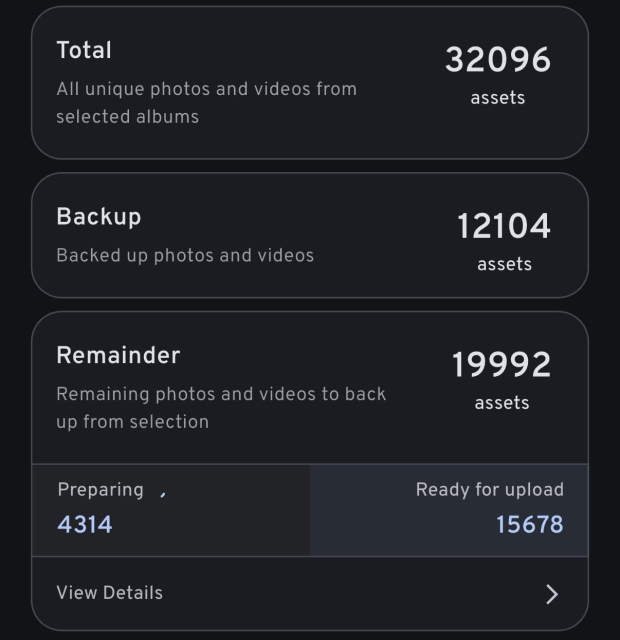 Screenshot of Immich iOS app showing 32096 total assets to upload. There are 19992 remaining, and 15678 “ready for upload” but I’m not sure what the difference is there.