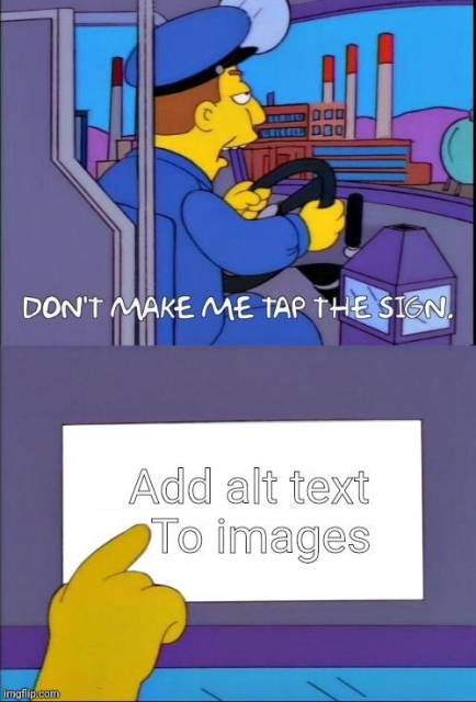 An image from the simpsons, in which lisa is trying to talk to a bus driver.The bus driver is saying, don't make me tap the sign.The sign in the episode says 'don't talk to the bus driver', but in this case it says please 'add alt text to your images'