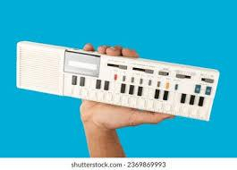 a hand holding a tiny, cheap looking 1980s synthesizer with a built-in speaker.

at the bottom of the pic is a shutterstock number 2369869993