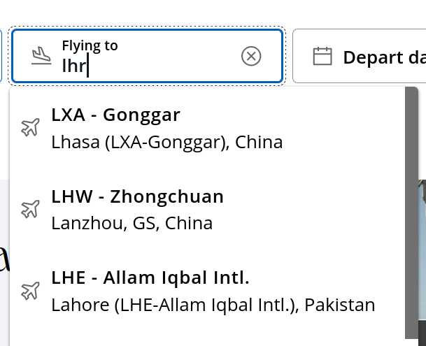 A drop-down menu from the Chase website. I have keyed in "LHR" and the menu has dropped down a menu with the options "LXA," "LHW" and "LHE."
