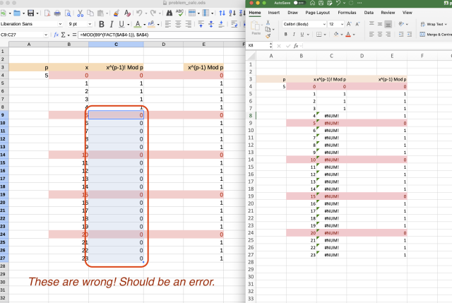 comparison of LO Calc and Excel 