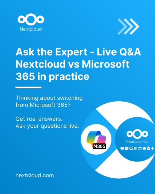 Featured image for a Q&A session “Ask the Expert - Live Q&A Nextcloud vs Microsoft 365 in practice”