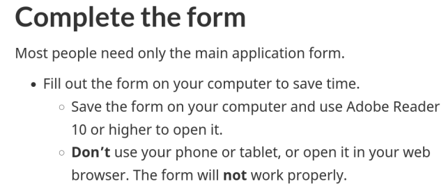 Something about how you shouldn't use anything but Adobe spyware to fill the form.

On the Canadian Government website.