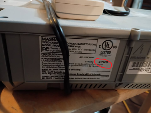 A photo of the back of the VCR showing where E175216 is written on the label.