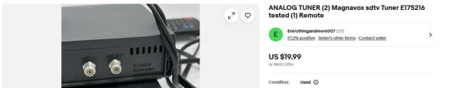 A screenshot of an ebay listing, showing Magnavox (Funai) DTV converter box. The listing states it is model E175216 due to that number embossed on the back. The actual model number is most likely TB100MW9 or something similar.