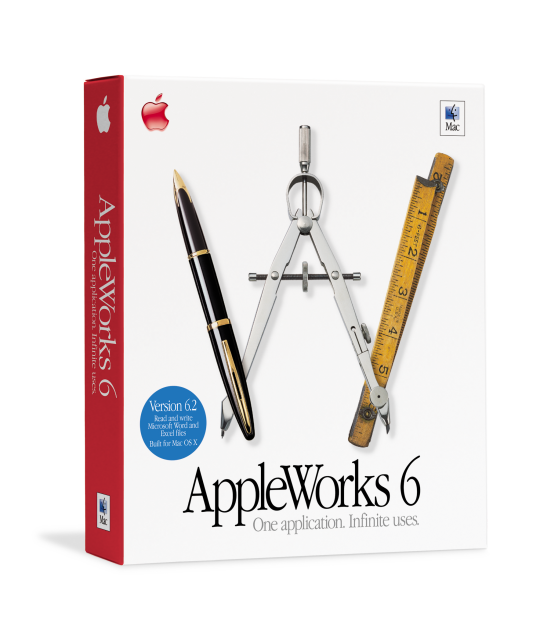 AppleWorks 6 big box software. "One Application. Infinite uses" Featuring a Pen, Compass, and Ruler resembling a W.