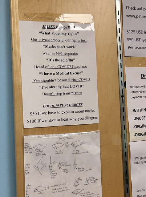 One of several printed signs on a cork board behind the cash register; the others are fish-related information or diagrams, but this one reads:

MASKS REQUIRED

"What about my rights"
Our private property, our rights first

"Masks don't work"
Wear an N95 respirator

"It's the cold/flu"
Heard of long COVID? Guess not

"I have a Medical Excuse"
You shouldn't be out during COVID

"I've already had COVID"
Doesn't stop transmission

COVID-19 SURCHARGES
$50 If we have to explain about masks
$100 If we have to hear why you disagree
