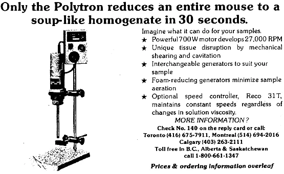An old ad for a piece of gruesome scientific equipment. The slogan reads: "Only the Polytron reduces an entire mouse to a soup-like homogenate in 30 seconds."