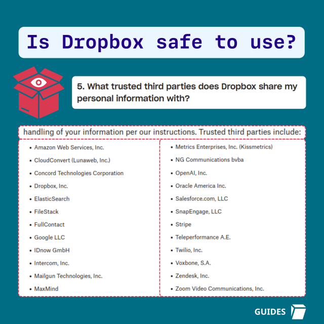 List of all companies Dropbox shares data with - under the title: Is Dropbox safe to use?