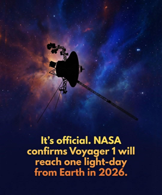Image featuring a silhouette of the Voyager 1 spacecraft set against a vibrant, nebulous space background. At the bottom center, there is bold text that says, "It’s official. NASA confirms Voyager 1 will reach one light-day from Earth in 2026."