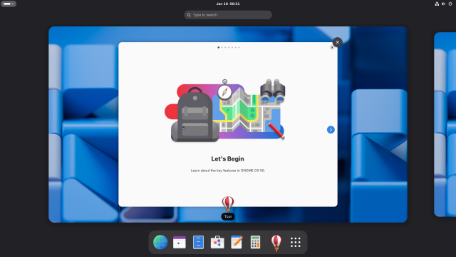 Screenshot of GNOME 50.alpha built with GNOME tour open.