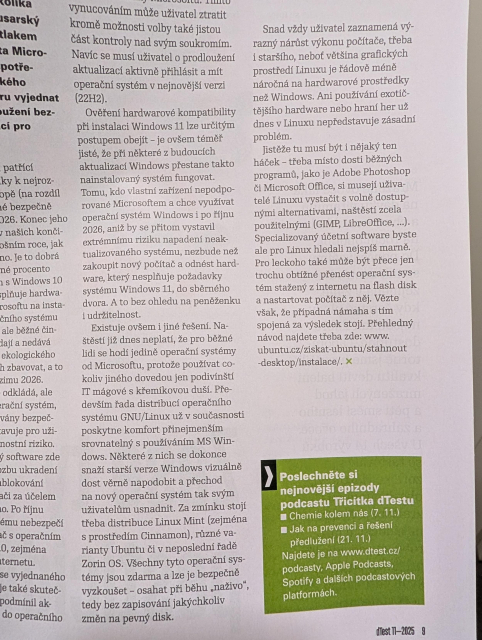 A photo of a Czech article which is about the end of Windows 10 support and Linux as a viable alternative even for ordinary users.