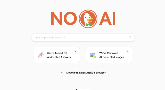 The landing page has huge letters saying NO AI with a cameo of a duck. Smaller boxes note that AI-assisted answers and AI-generated images are removed as well.