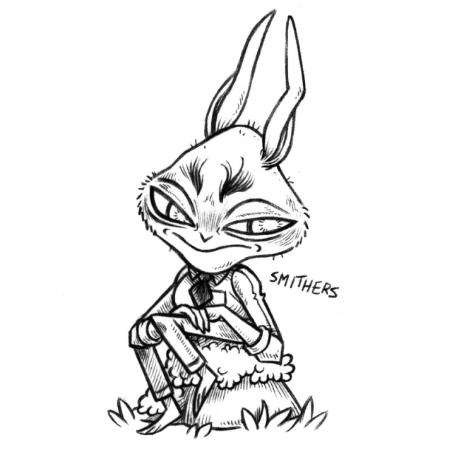 An ink drawing of a humanoid rabbit named Smithers, sitting on a mossy rock and posing while look very serious, somewhat distinguished. Their head is shaped like a rounded lozenge and they are wearing dress clothes.