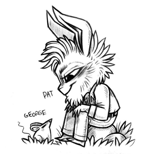 An ink drawing of a humanoid rabbit named Pat, sitting on a rock and looking down, while grinning, at a small mouse named George. 
Pat is wearing dress clothes, and has a bit of a hawk, cheek fluff and a fur goatee. 
