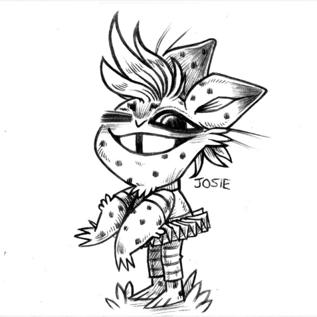an ink drawing of a humanoid kid rabbit named Josie, wearing a sort of ballerina skirt. Josie is covered in spots, and is grinning at you mischieviously.